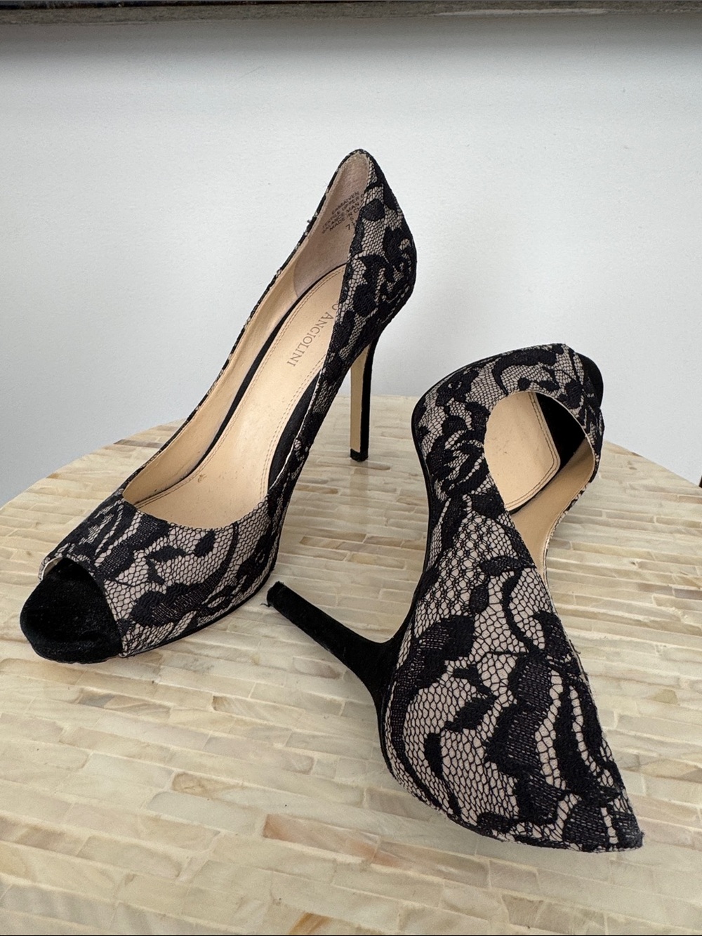 Lace Peep-Toe Stiletto Pumps - Black/Nude, size 7.5